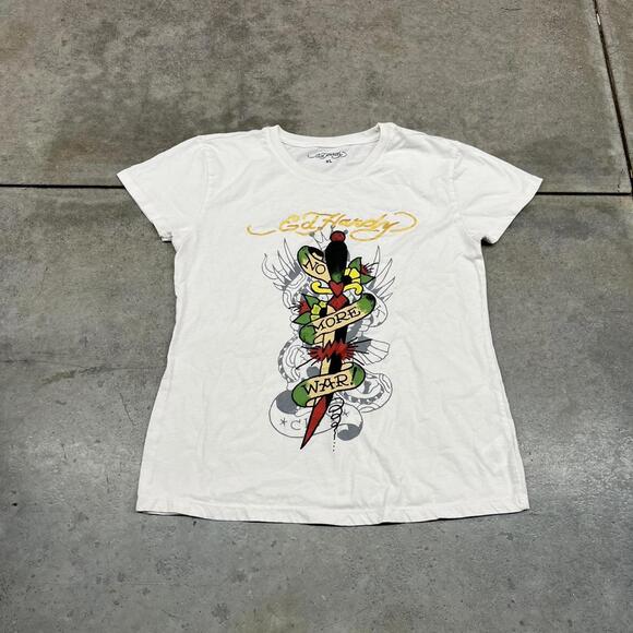 Ed Hardy Tops - vintage ed hardy no more war snake white tribal print shirt size xl WOMENS
